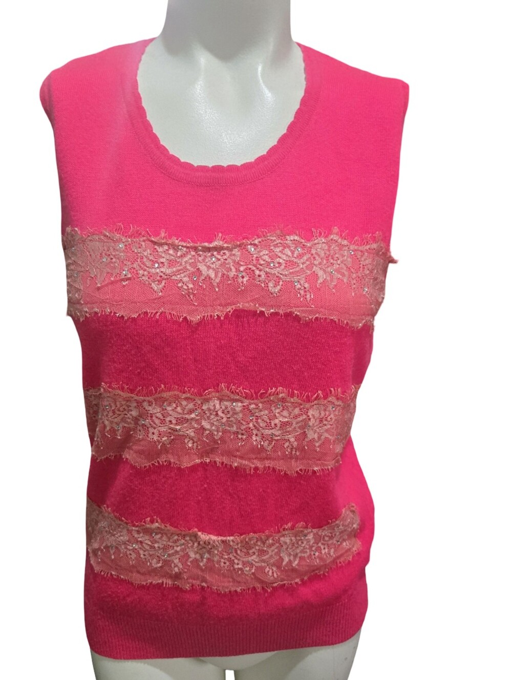 Hot Pink Y2K Lace Trim Sleeveless Knit Sweater Top – Free Size Wool Blend
